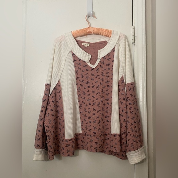 POL Waffle Knit Floral Notched Long Sleeve top - Picture 5 of 7